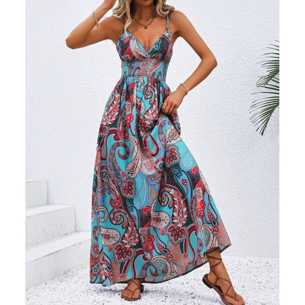 LAST ONE ๐ฅ Blue Boho Paisley Print Shirred Cami Maxi Dress* - Picture 2 of 7